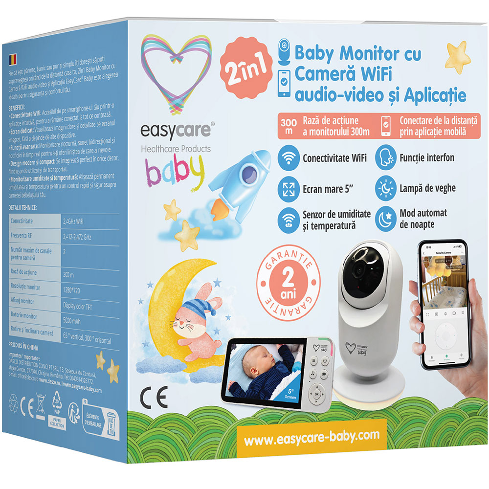 Monitor video EASYCARE Wi-Fi EASY00279, 5", alb