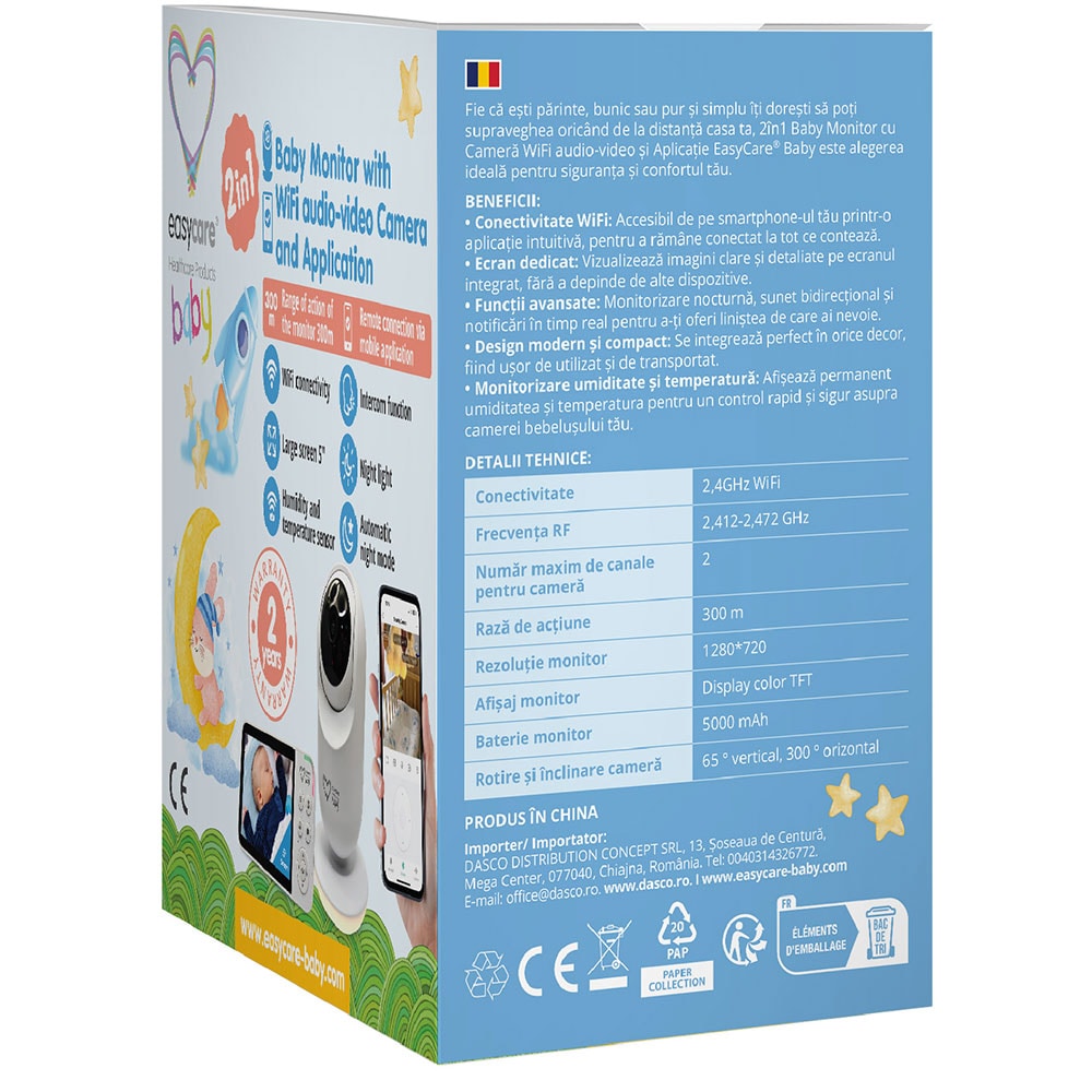 Monitor video EASYCARE Wi-Fi EASY00279, 5", alb