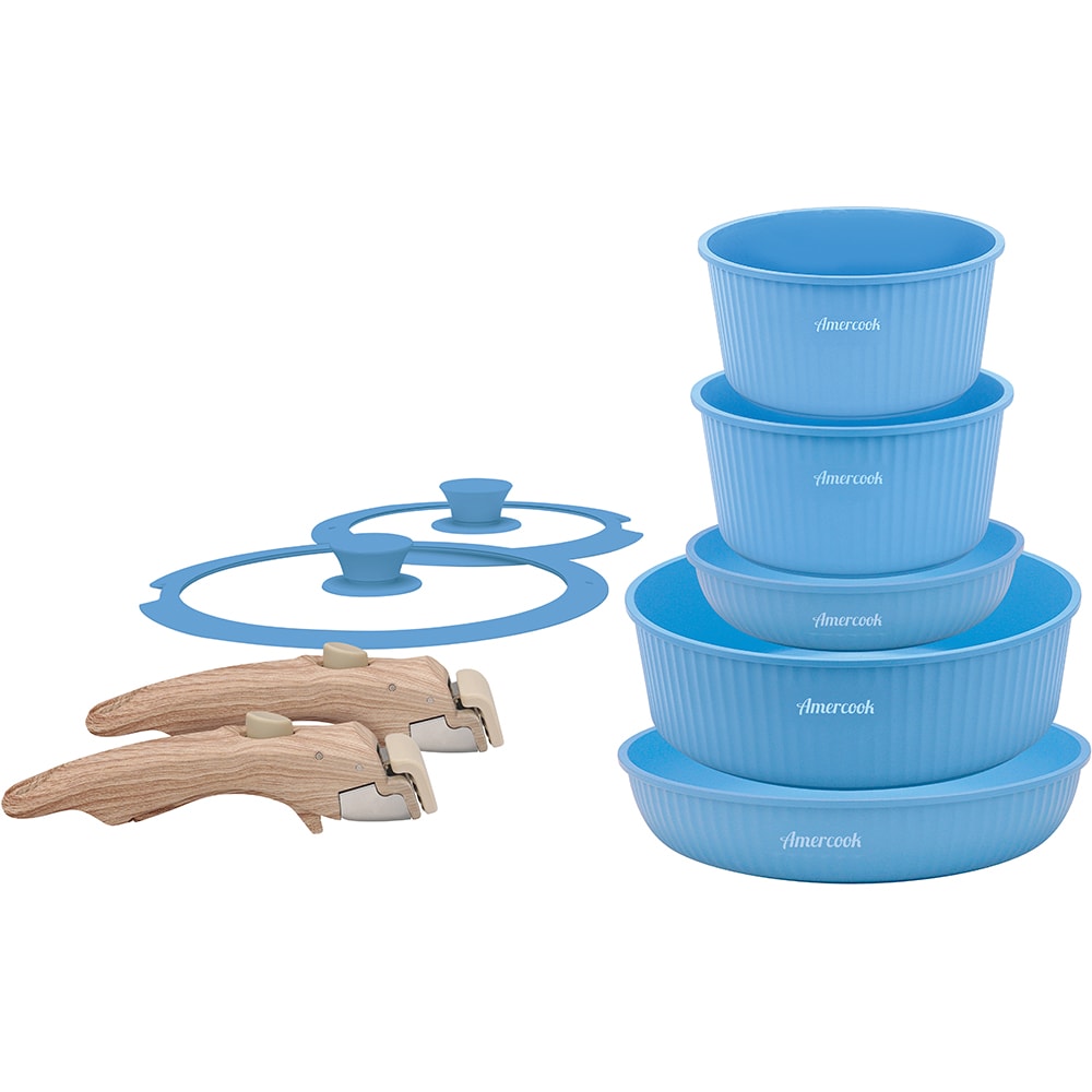 Set vase de gatit AMERCOOK Easy Clip Pro EP4409BE, 9 piese, aluminiu turnat, albastru