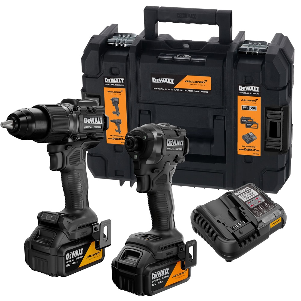 Set 2 unelte: masina de insurubat cu impact si masina de gaurit cu percutie, cu motor fara perii, DEWALT DCK2222MM2T-QW x McLaren F1 Team, 18V, 2x4Ah, 2000/3250RPM, 90/205 Nm