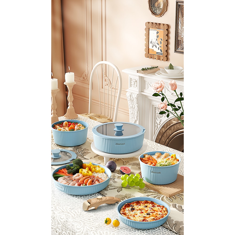 Set vase de gatit AMERCOOK Easy Clip Pro EP4409BE, 9 piese, aluminiu turnat, albastru