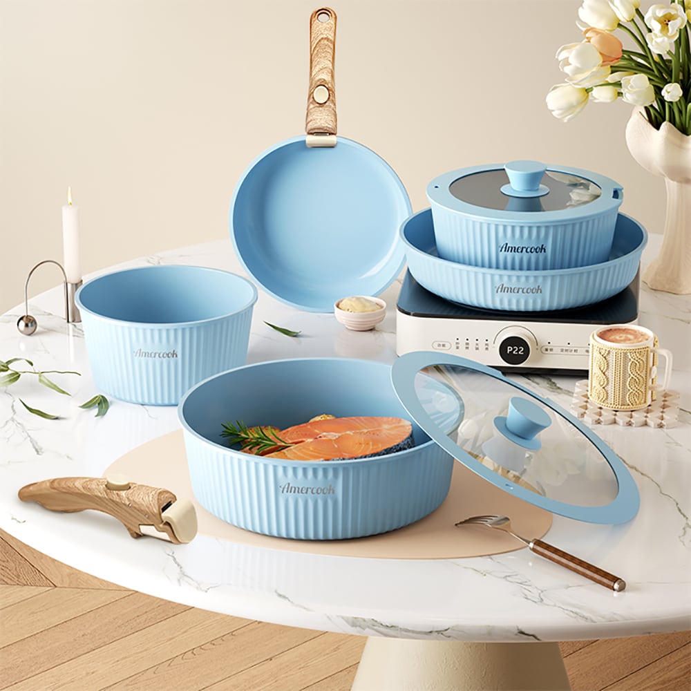 Set vase de gatit AMERCOOK Easy Clip Pro EP4409BE, 9 piese, aluminiu turnat, albastru