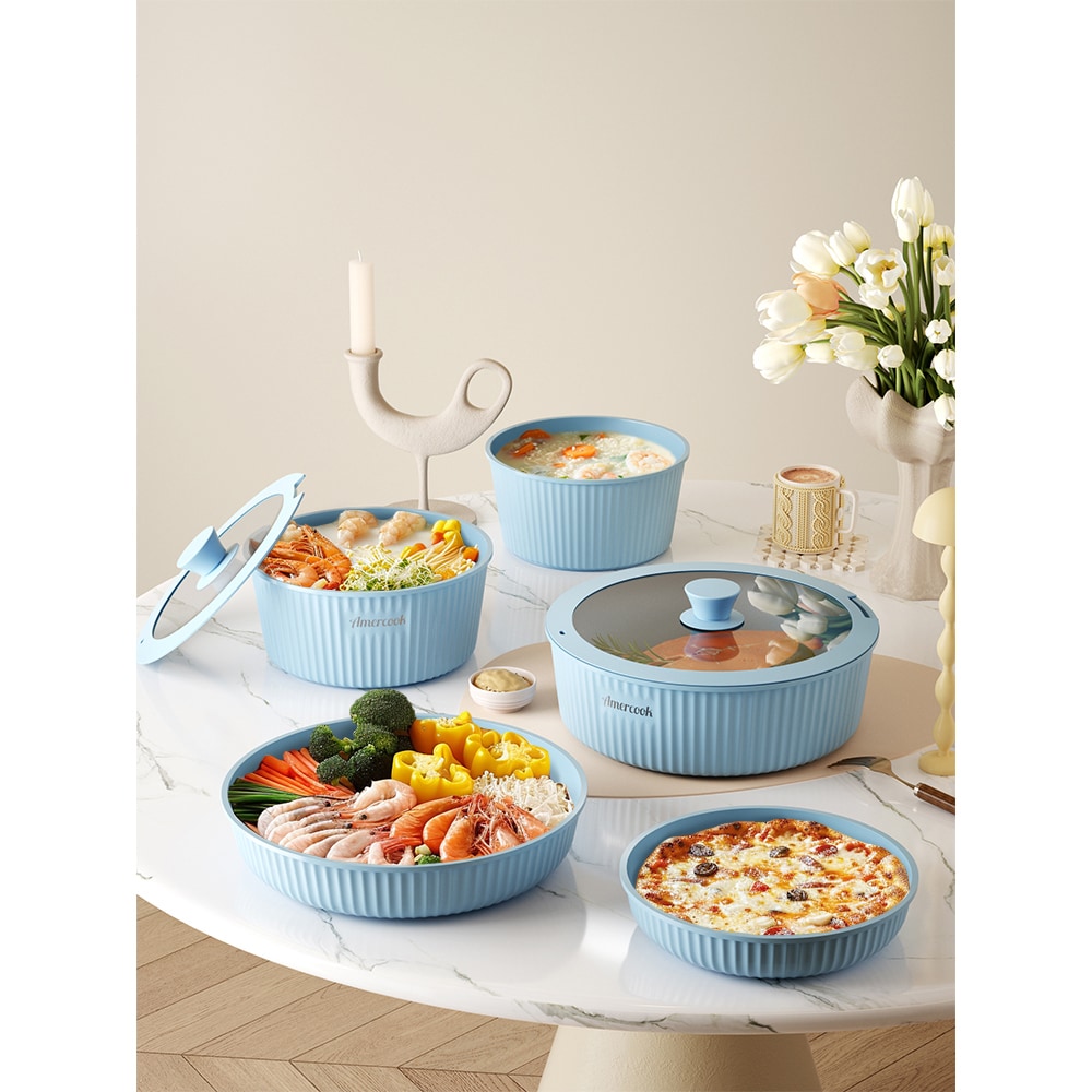 Set vase de gatit AMERCOOK Easy Clip Pro EP4409BE, 9 piese, aluminiu turnat, albastru