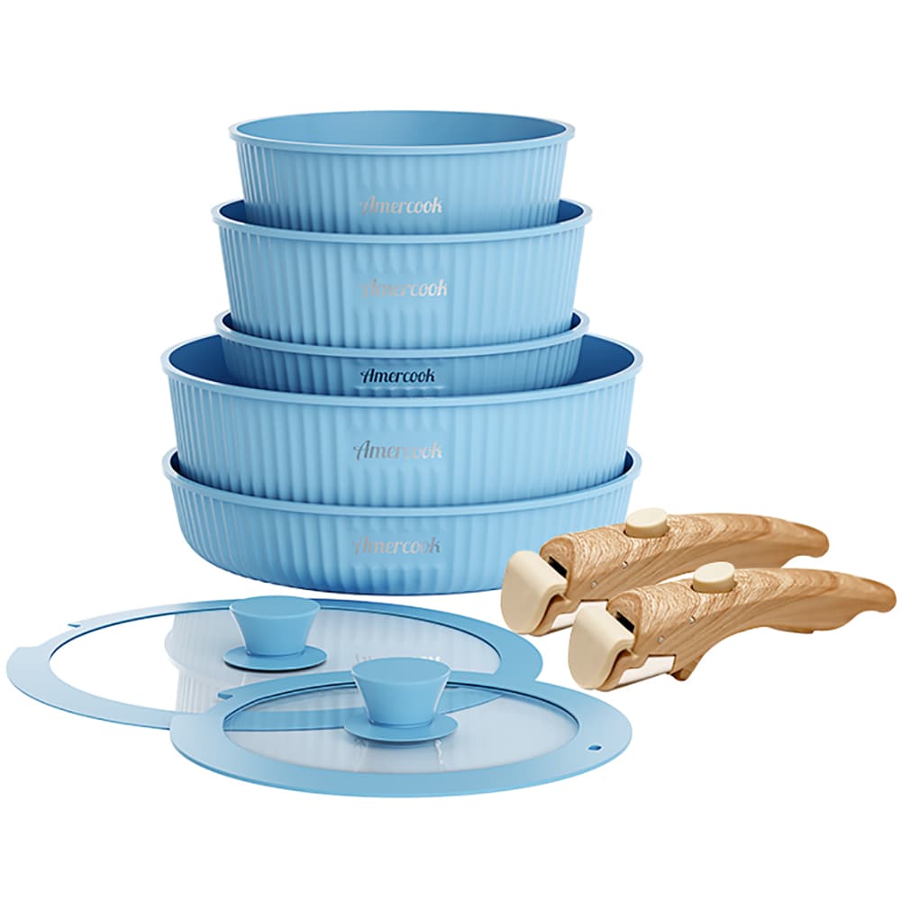 Set vase de gatit AMERCOOK Easy Clip Pro EP4409BE, 9 piese, aluminiu turnat, albastru