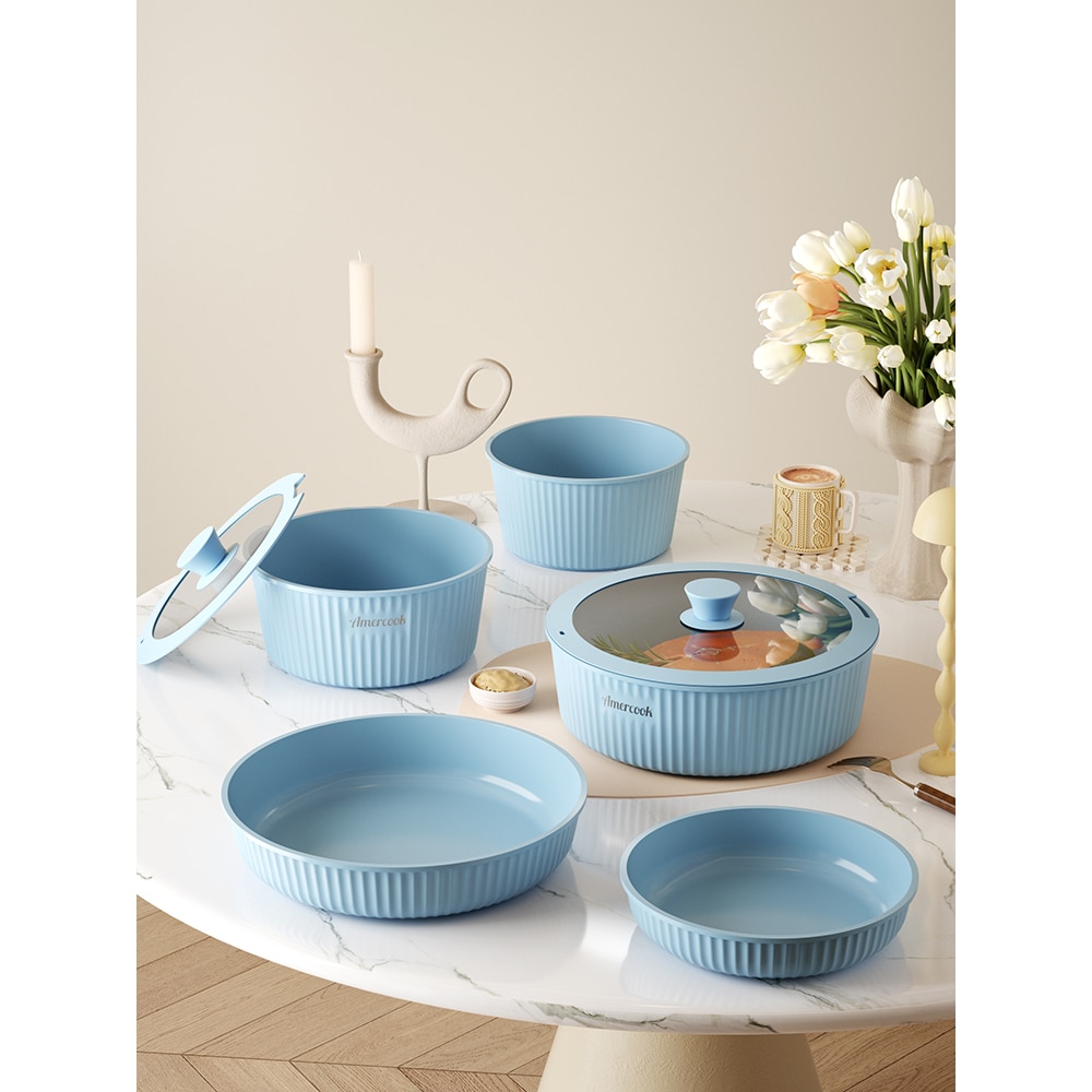 Set vase de gatit AMERCOOK Easy Clip Pro EP4409BE, 9 piese, aluminiu turnat, albastru