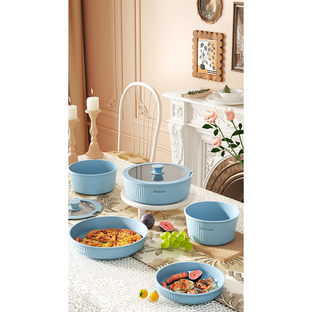 Set vase de gatit AMERCOOK Easy Clip Pro EP4409BE, 9 piese, aluminiu turnat, albastru