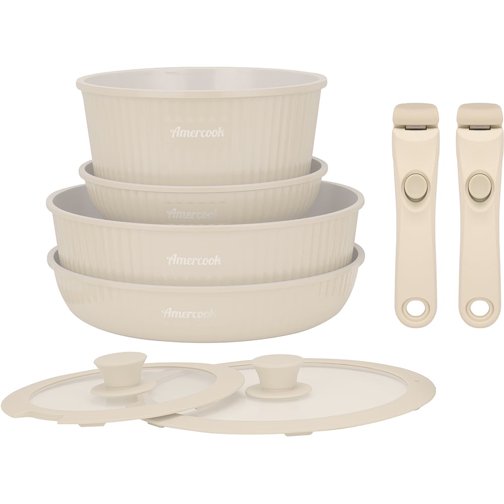 Set vase de gatit AMERCOOK Easy Clip Pro EP4409WE, 9 piese, aluminiu turnat, alb