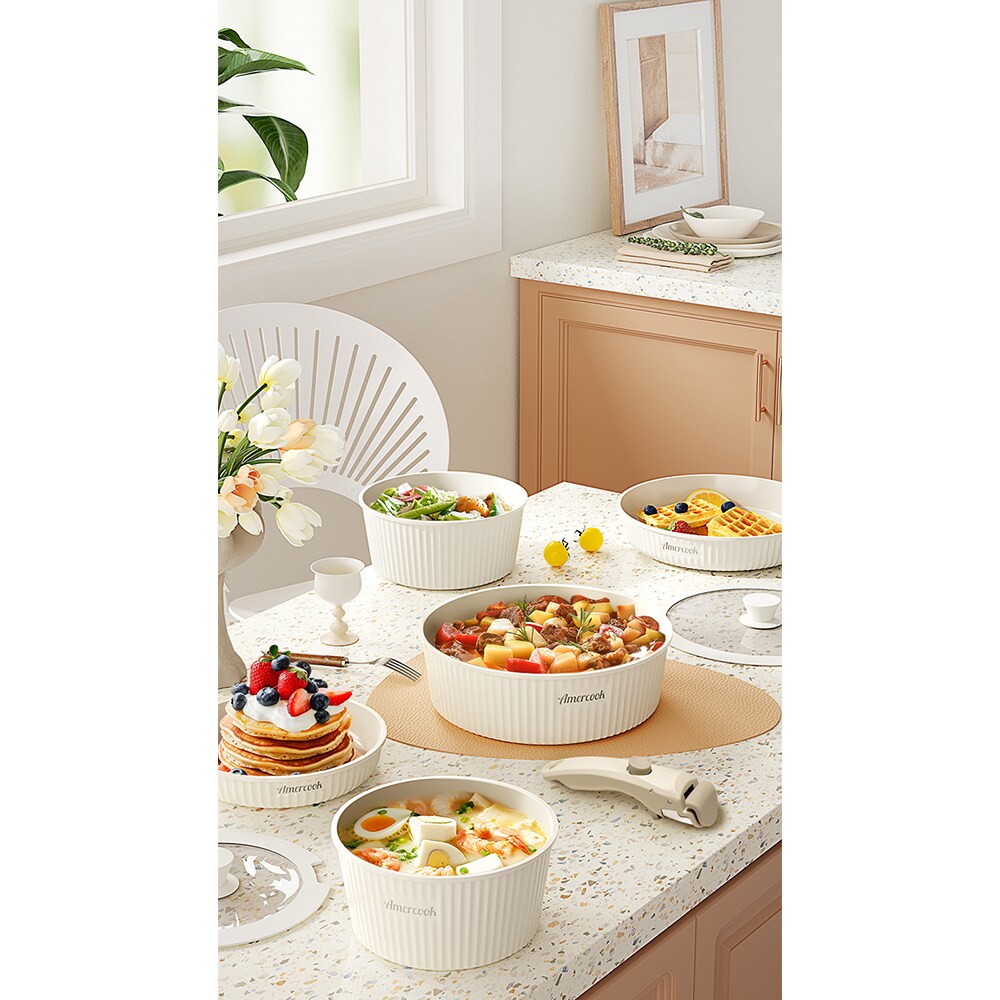 Set vase de gatit AMERCOOK Easy Clip Pro EP4409WE, 9 piese, aluminiu turnat, alb
