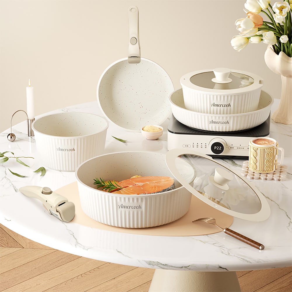 Set vase de gatit AMERCOOK Easy Clip Pro EP4409WE, 9 piese, aluminiu turnat, alb