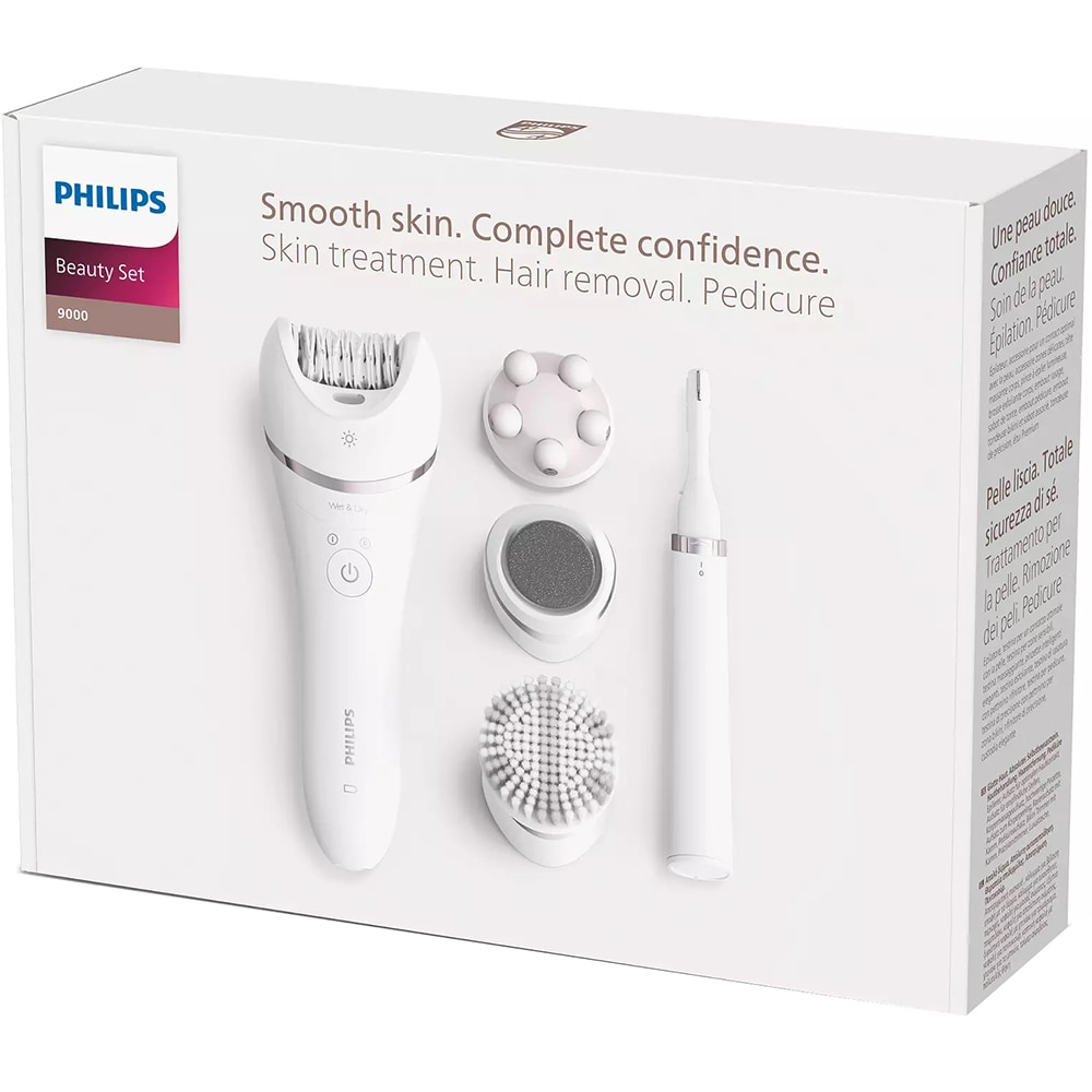 Epilator PHILIPS Series 9000 BRE740/90, 32 pensete, 2 viteze, 12 accesorii, Wet&Dry, acumulator, alb