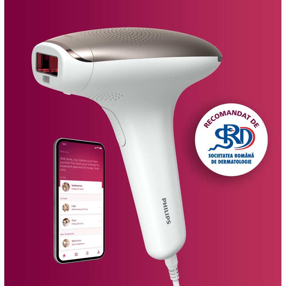 Epilator IPL PHILIPS Lumea BRI921/00, 250.000 impulsuri, 1 accesoriu, retea, alb-roz + Trimmer