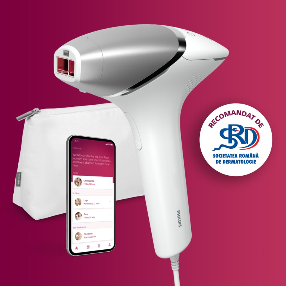 Epilator IPL PHILIPS Lumea Seria 8000 BRI940/00, 450.000 de impulsuri, 1 accesoriu, SenseIQ, retea, argintiu