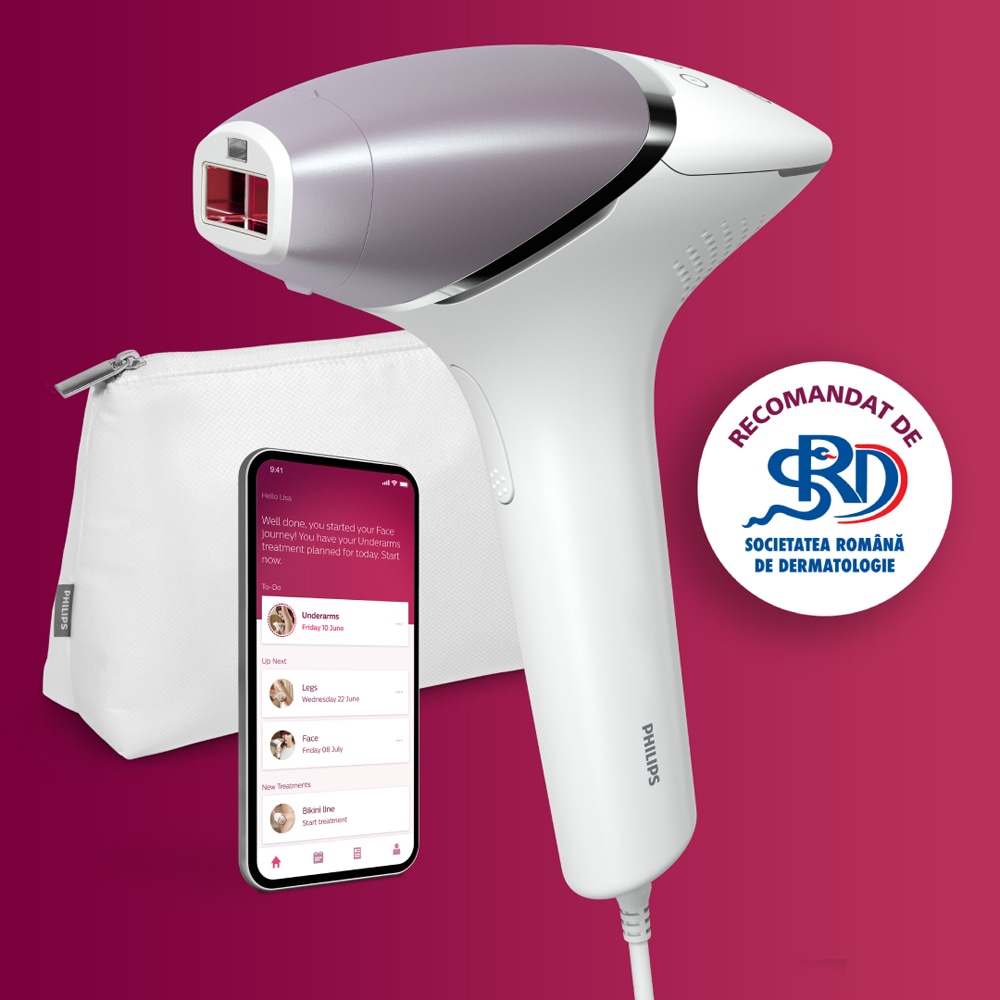 Epilator IPL PHILIPS Lumea Prestige Seria 8000 BRI947/00, 450.000 de impulsuri, 4 accesorii, senzor SmartSkin, retea, argintiu