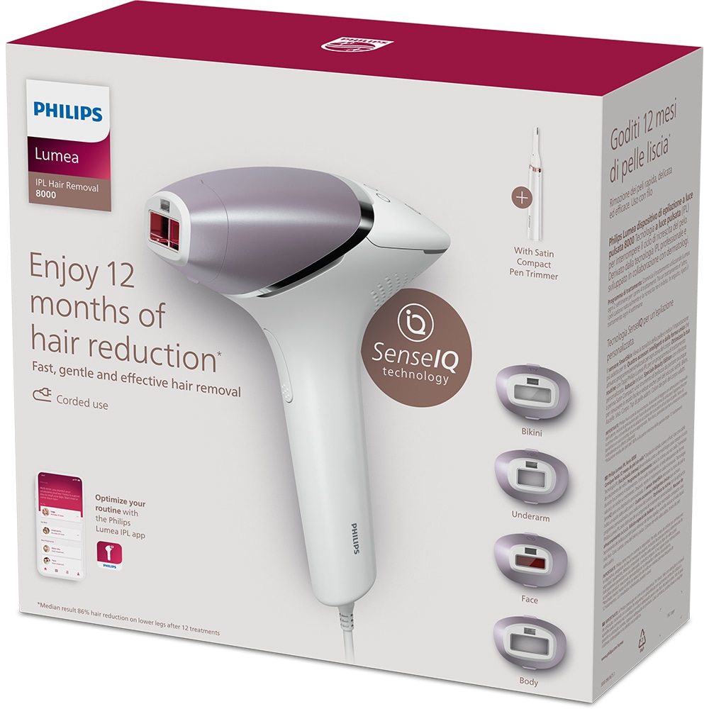 Epilator IPL PHILIPS Lumea Seria 8000 BRI949/00, 450.000 de impulsuri, 4 accesorii + trimmer, retea, SenseIQ, argintiu