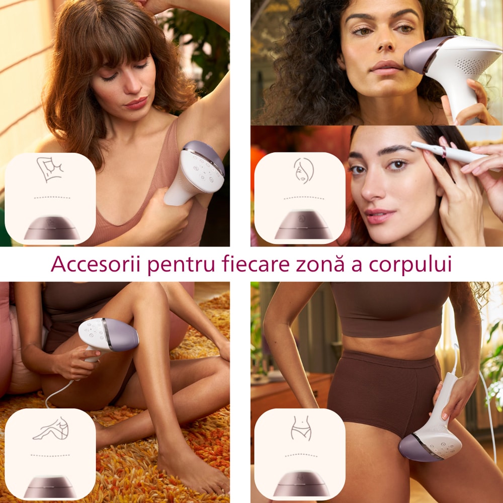 Epilator IPL PHILIPS Lumea Seria 8000 BRI949/00, 450.000 de impulsuri, 4 accesorii + trimmer, retea, SenseIQ, argintiu