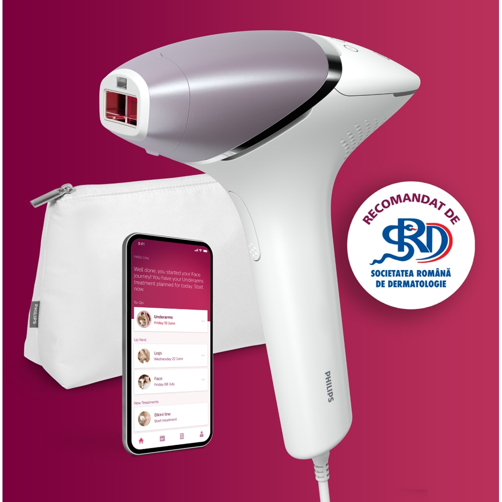 Epilator IPL PHILIPS Lumea Seria 8000 BRI949/00, 450.000 de impulsuri, 4 accesorii + trimmer, retea, SenseIQ, argintiu