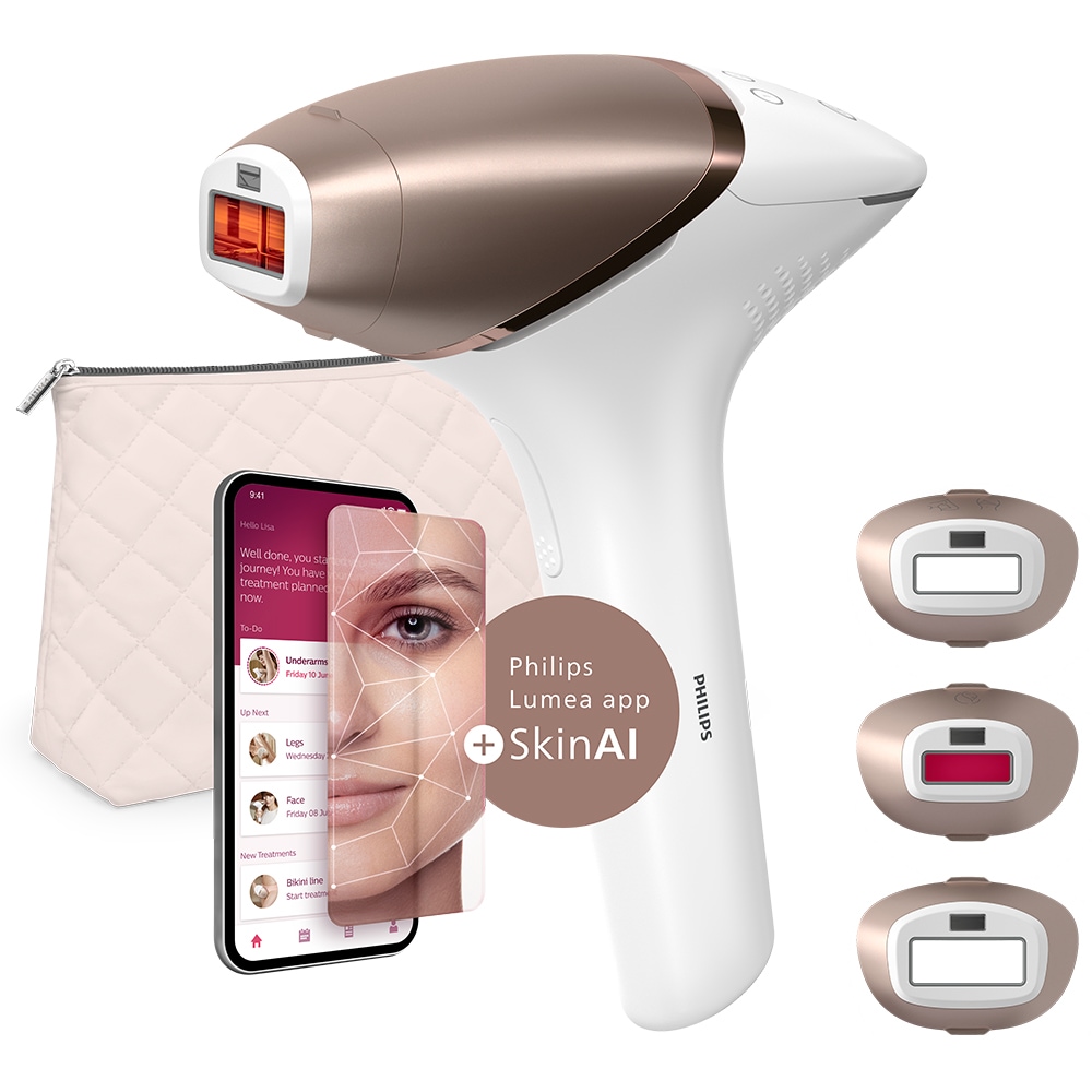 Epilator IPL PHILIPS Lumea Series 9900 BRI973/00, 450.000 de impulsuri, 3 accesorii, senzor SmartSkin, acumulator, roz