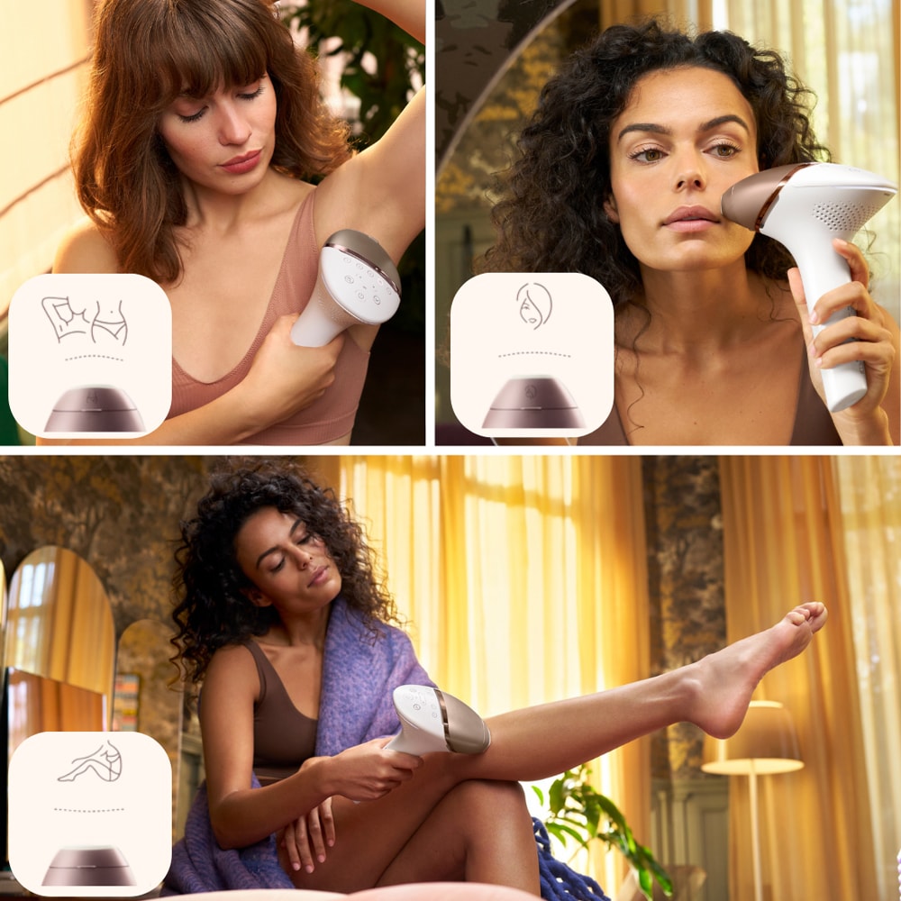 Epilator IPL PHILIPS Lumea Series 9900 BRI973/00, 450.000 de impulsuri, 3 accesorii, senzor SmartSkin, acumulator, roz