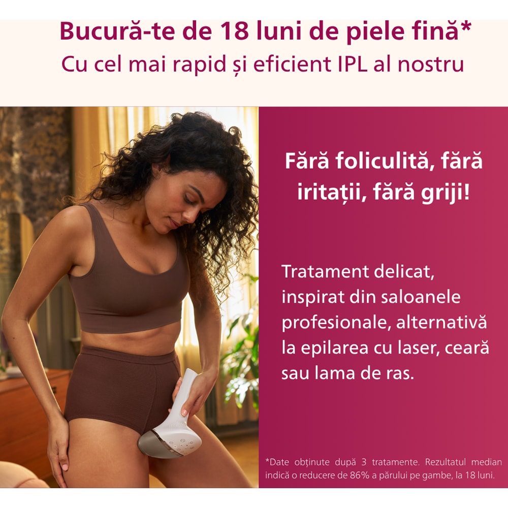 Epilator IPL PHILIPS Lumea Series 9900 BRI973/00, 450.000 de impulsuri, 3 accesorii, senzor SmartSkin, acumulator, roz