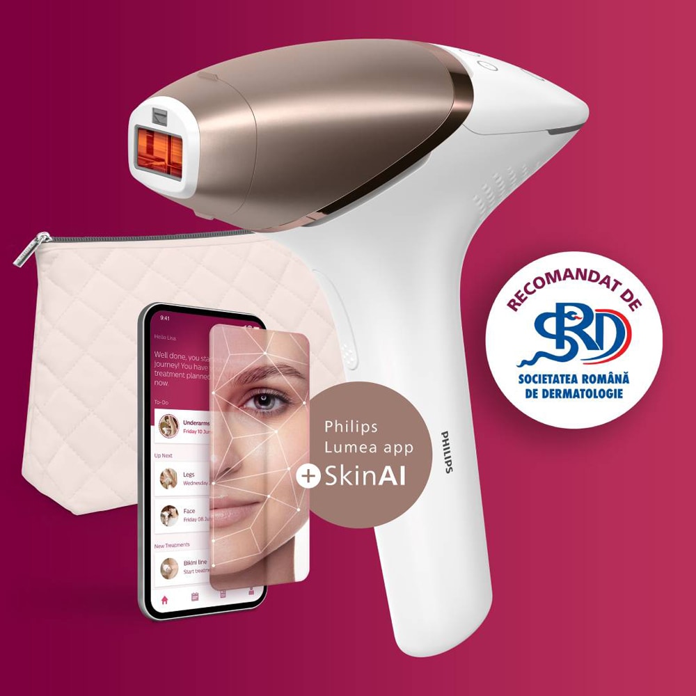 Epilator IPL PHILIPS Lumea Series 9900 BRI973/00, 450.000 de impulsuri, 3 accesorii, senzor SmartSkin, acumulator, roz