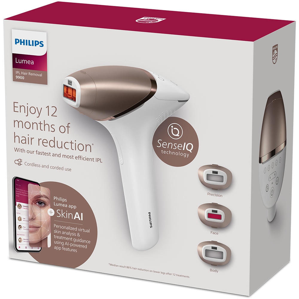 Epilator IPL PHILIPS Lumea Series 9900 BRI973/00, 450.000 de impulsuri, 3 accesorii, senzor SmartSkin, acumulator, roz