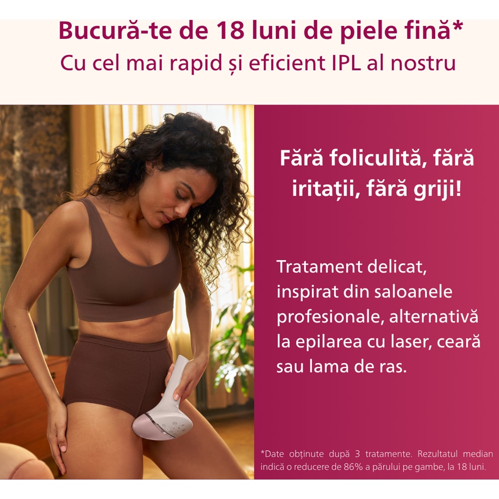 Epilator IPL PHILIPS Lumea Series 9900 BRI976/00, 450.000 de impulsuri, 4 accesorii, Senzor SmartSkin, acumulator, roz