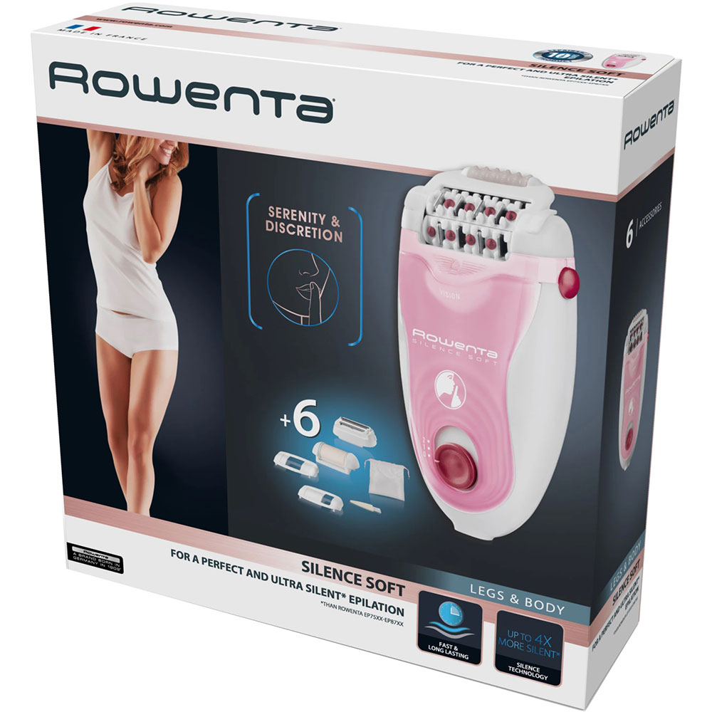 Epilator ROWENTA Silence Soft EP5640, 24 pensete, 2 viteze, 4 accesorii, Micro-Contact, retea, alb-roz