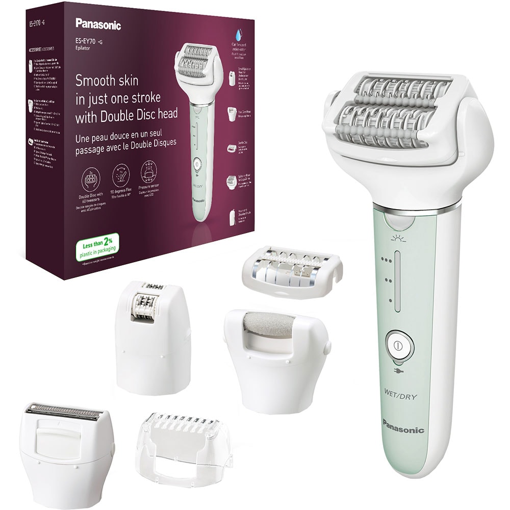 Epilator PANASONIC ES-EY70A-G503, 60 pensete, 3 viteze, 5 accesorii, Wet&Dry, acumulator, verde