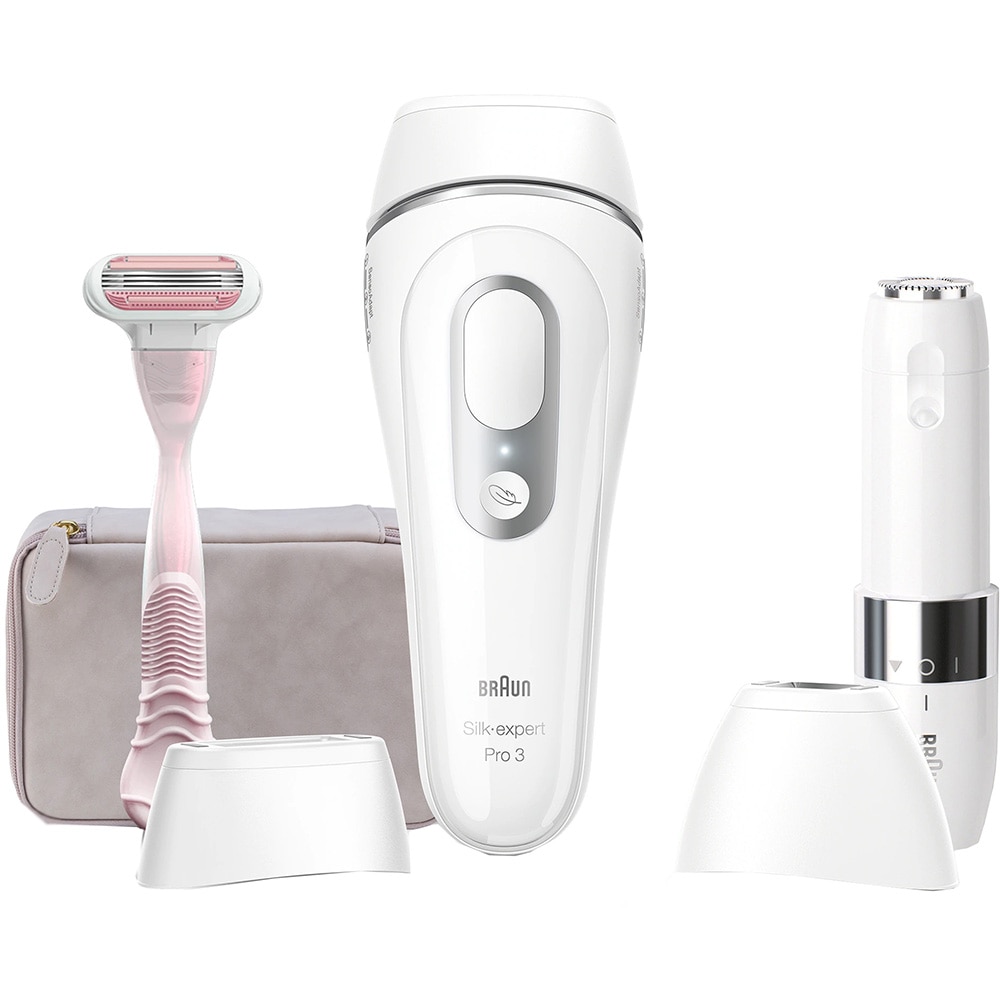 Epilator IPL BRAUN Silk-expert PRO 3 PL3139, 300.000 impulsuri, 1 accesoriu, SensoAdapt, retea, alb + trimmer + aparat de ras
