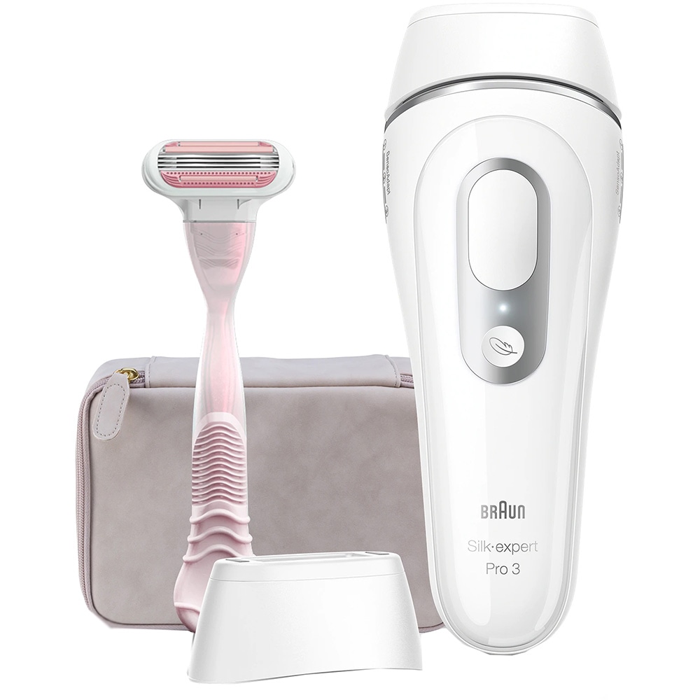 Epilator IPL BRAUN Silk-expert PRO 3 PL3139, 300.000 impulsuri, 1 accesoriu, SensoAdapt, retea, alb + trimmer + aparat de ras