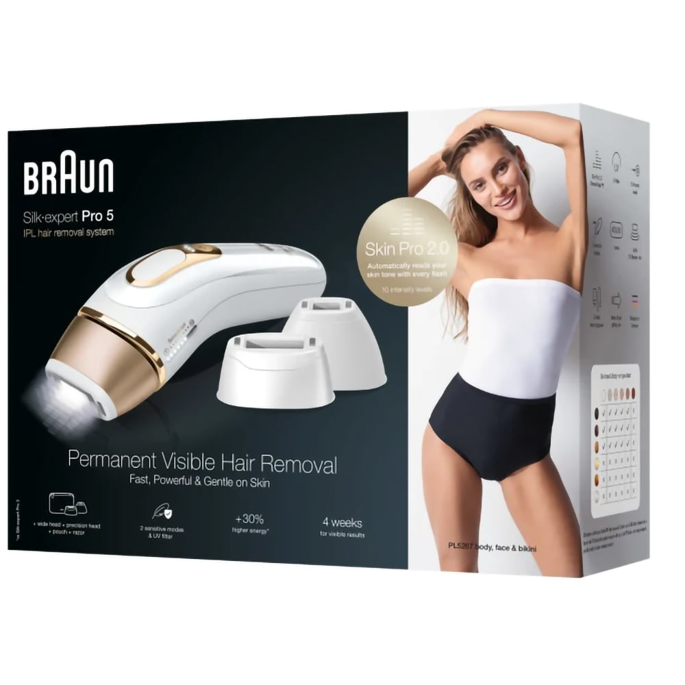Epilator IPL BRAUN IPL Silk-expert Pro 5 PL5267 Skin Pro 2.0, 400.000 Impulsuri, 3 accesorii, retea, alb-auriu + aparat de ras