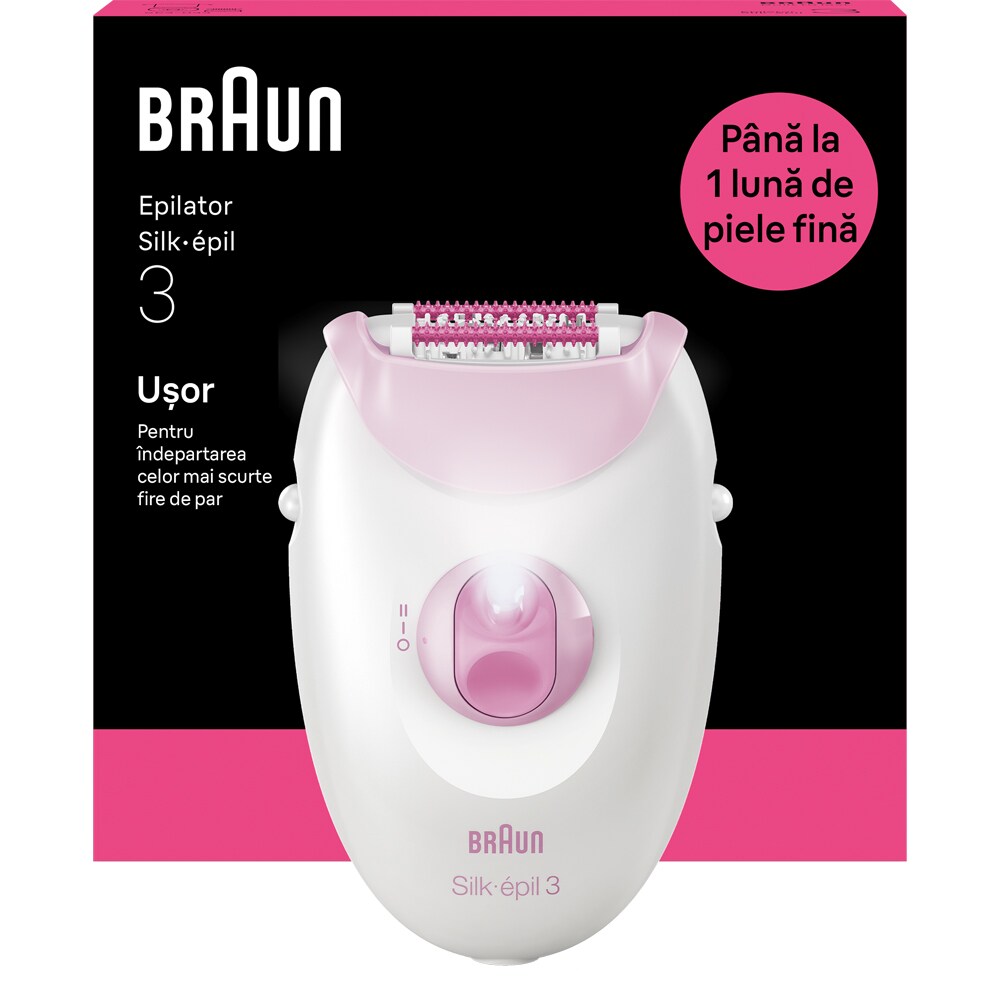 Epilator BRAUN Silk-epil 3 SE3-000, 20 pensete, 2 viteze, SmartLight, retea, alb-roz