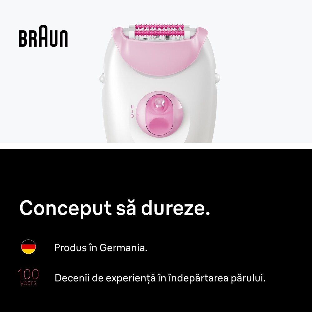 Epilator BRAUN Silk-epil 3 SE3-000, 20 pensete, 2 viteze, SmartLight, retea, alb-roz