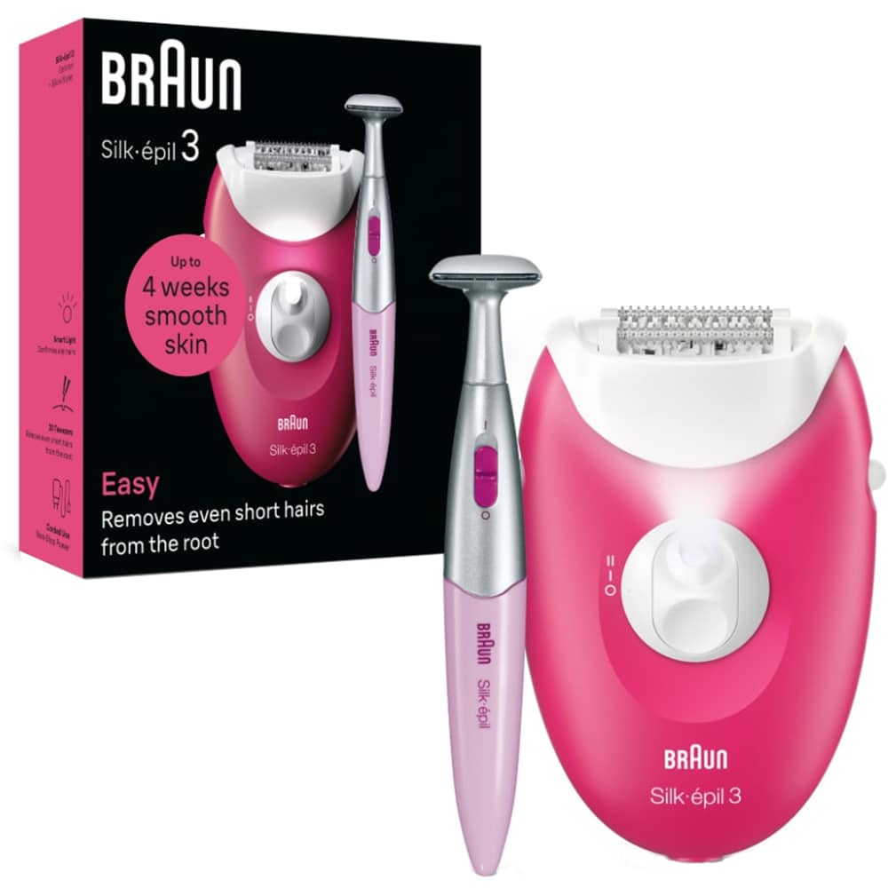 Epilator BRAUN SE3-202 Silk-epil 3, 20 pensete, 2 viteze, 1 accesoriu, SmartLight, retea, roz