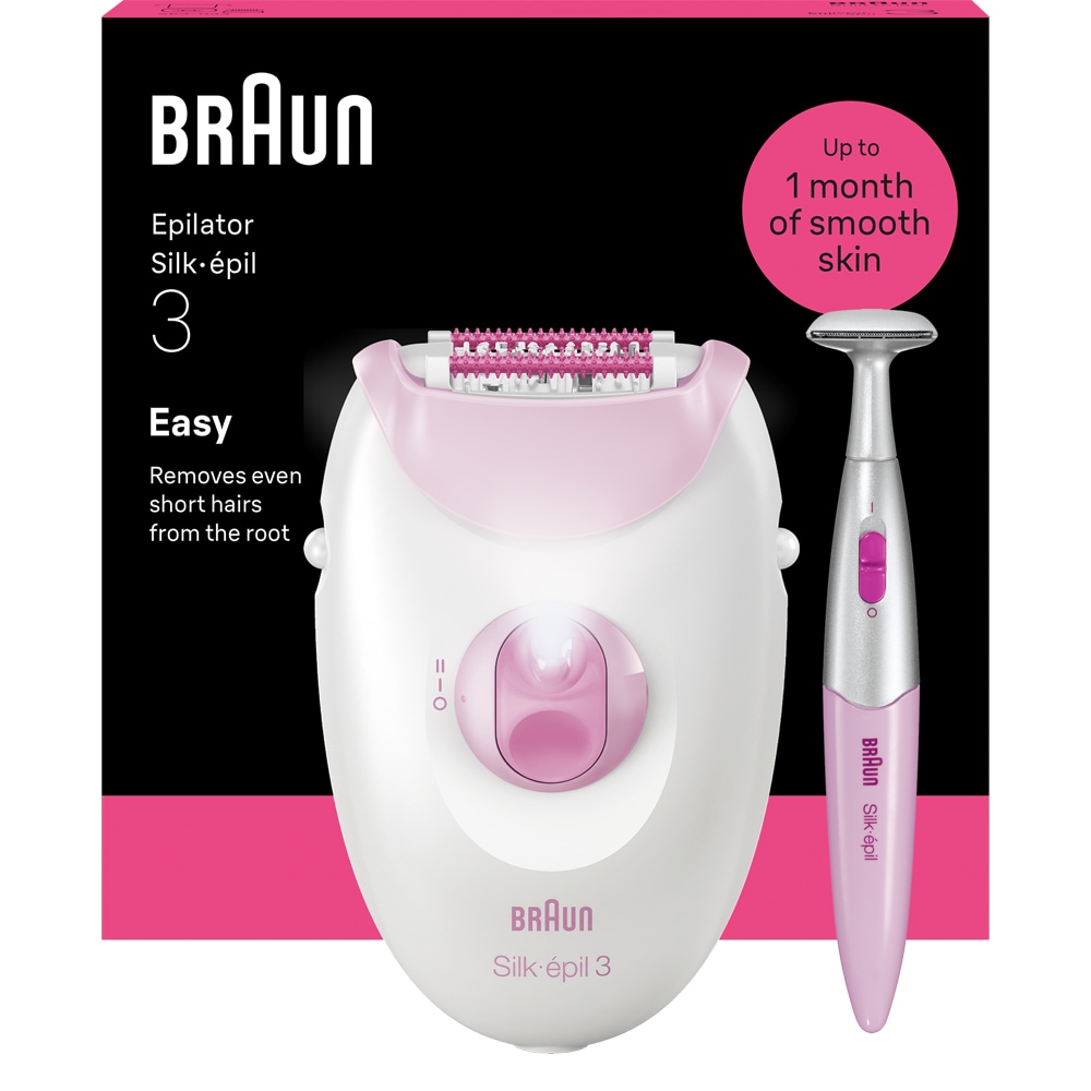 Epilator BRAUN SE3-202 Silk-epil 3, 20 pensete, 2 viteze, 1 accesoriu, SmartLight, retea, roz