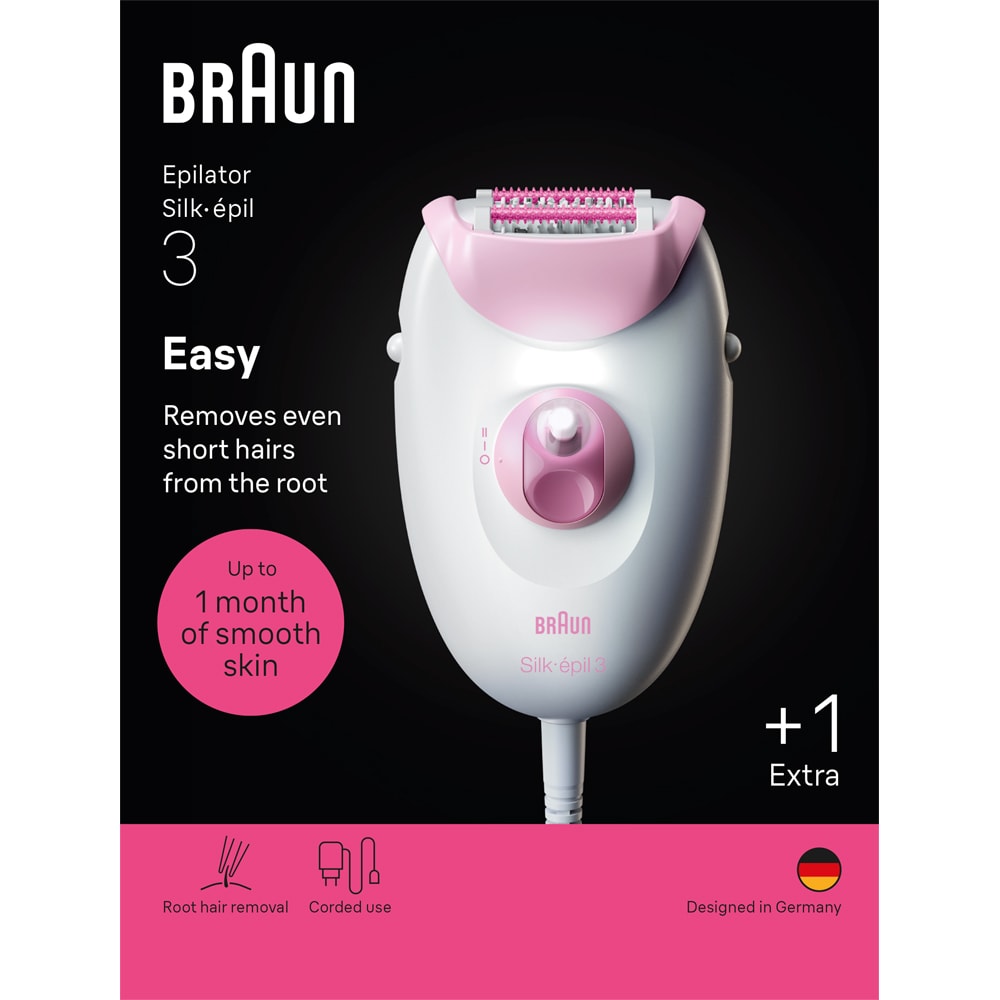 Epilator BRAUN SE3-202 Silk-epil 3, 20 pensete, 2 viteze, 1 accesoriu, SmartLight, retea, roz