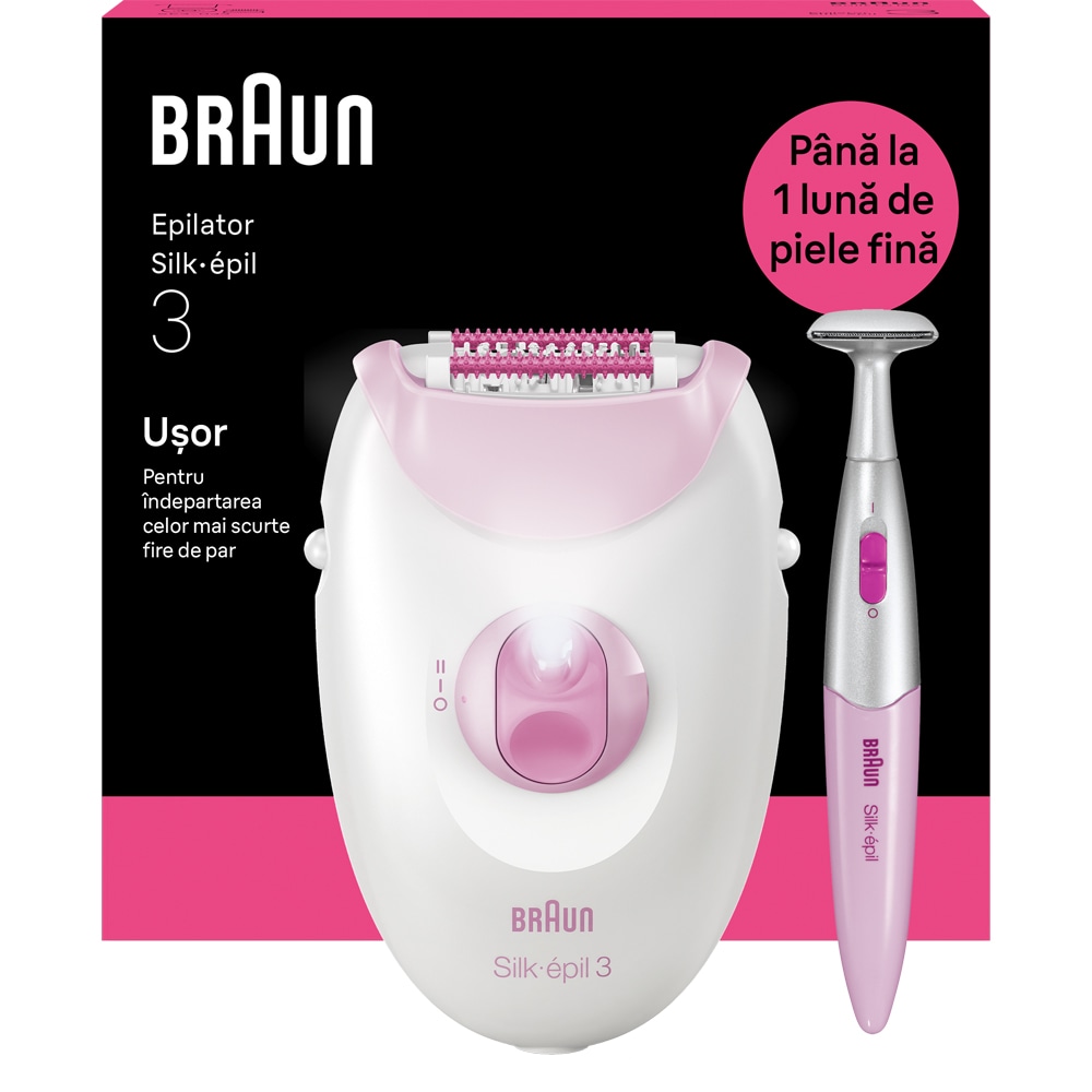 Epilator BRAUN SE3-202 Silk-epil 3, 20 pensete, 2 viteze, 1 accesoriu, SmartLight, retea, roz
