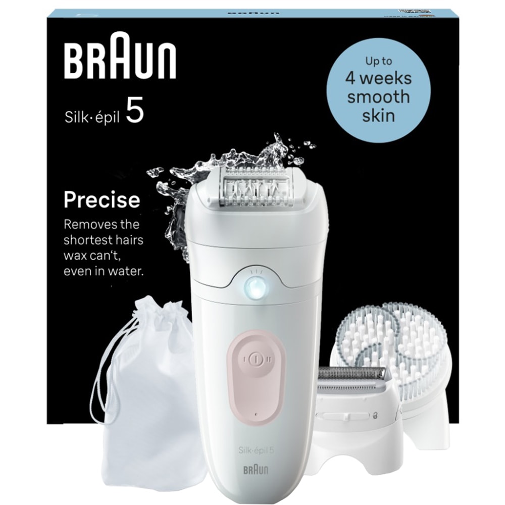 Epilator BRAUN Silk-epil 5 SE5-060, 28 pensete, 2 viteze, 4 accesorii, SmartLight, MicroGrip, Wet&Dry, acumulator, alb-roz flamingo