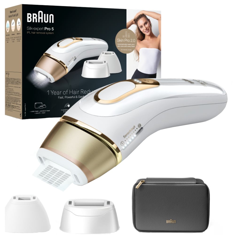 Epilator IPL BRAUN Silk-expert Pro 5 PL5242, 400000 impulsuri, 10 viteze, 4 accesorii, SkinPro 2.0, reatea, alb-auriu