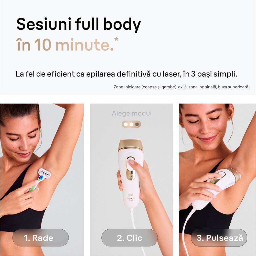 Epilator IPL BRAUN Silk-expert Pro 5 PL5242, 400000 impulsuri, 10 viteze, 4 accesorii, SkinPro 2.0, reatea, alb-auriu