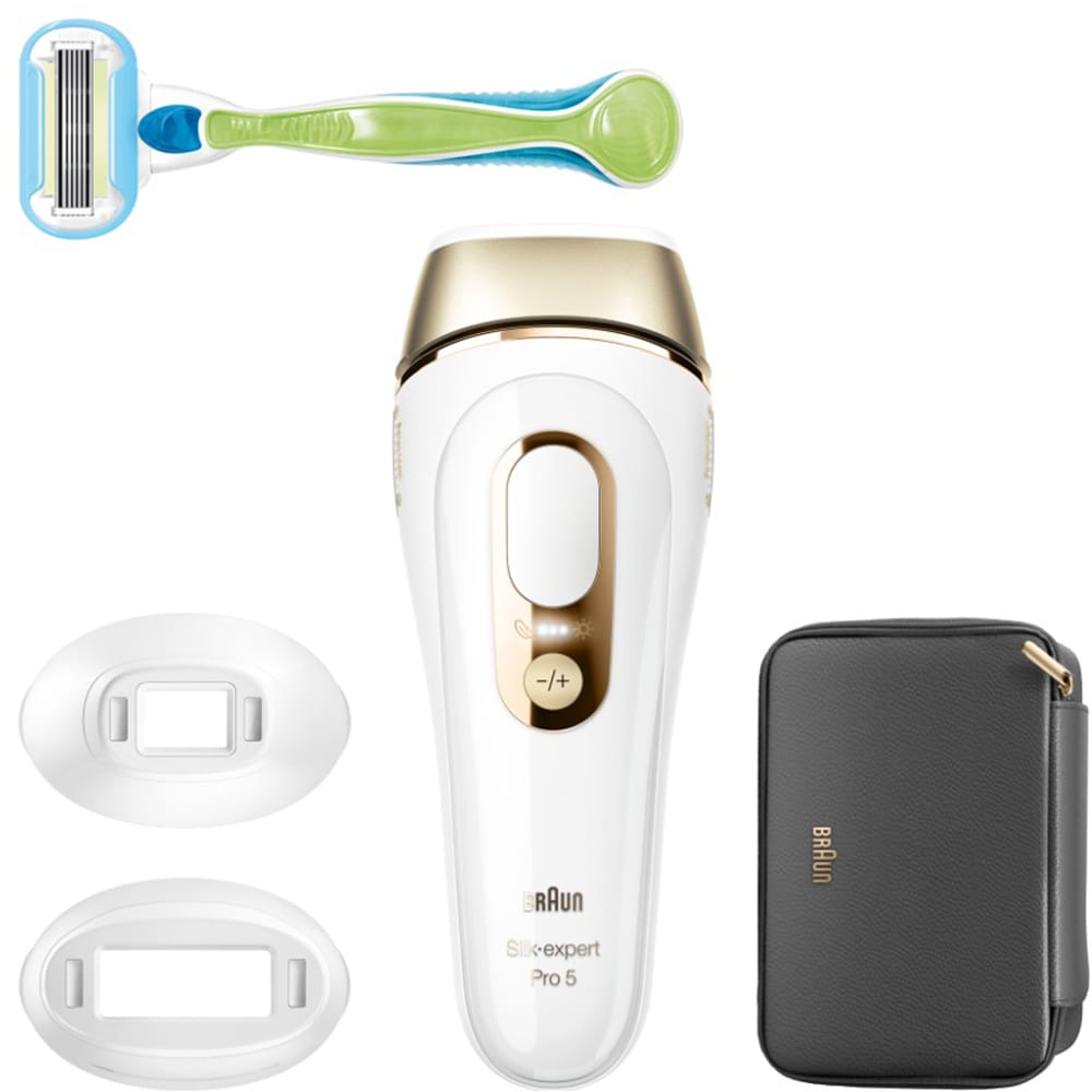Epilator IPL BRAUN Silk-expert Pro 5 PL5242, 400000 impulsuri, 10 viteze, 4 accesorii, SkinPro 2.0, reatea, alb-auriu