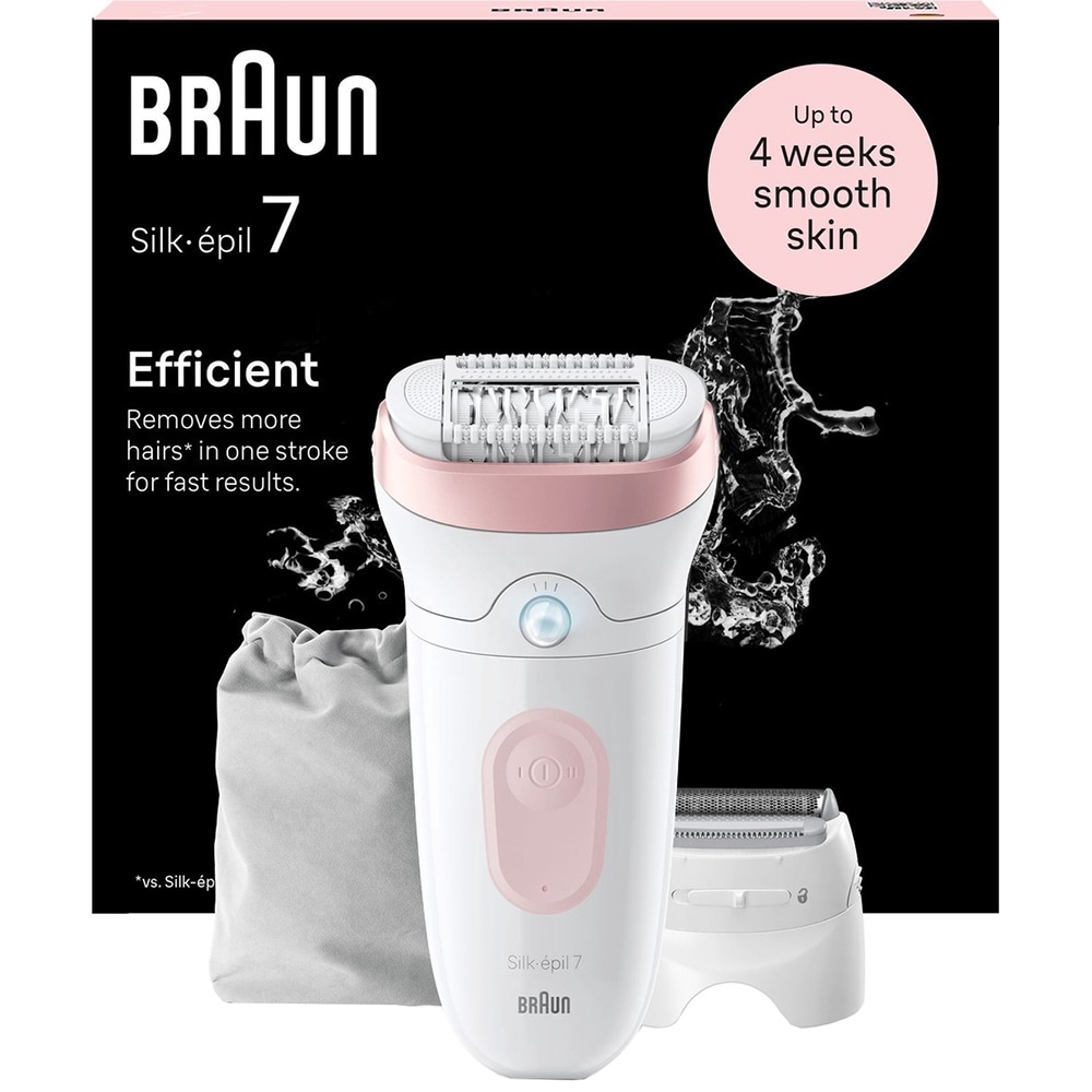 Epilator BRAUN Silk-epil 7 SE7-030, 40 pensete, 2 viteze, 3 accesorii, SmartLight, MicroGrip, Wet&Dry, acumulator, alb-roz flamingo