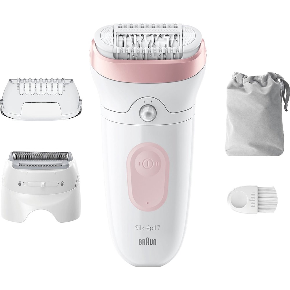 Epilator BRAUN Silk-epil 7 SE7-030, 40 pensete, 2 viteze, 3 accesorii, SmartLight, MicroGrip, Wet&Dry, acumulator, alb-roz flamingo