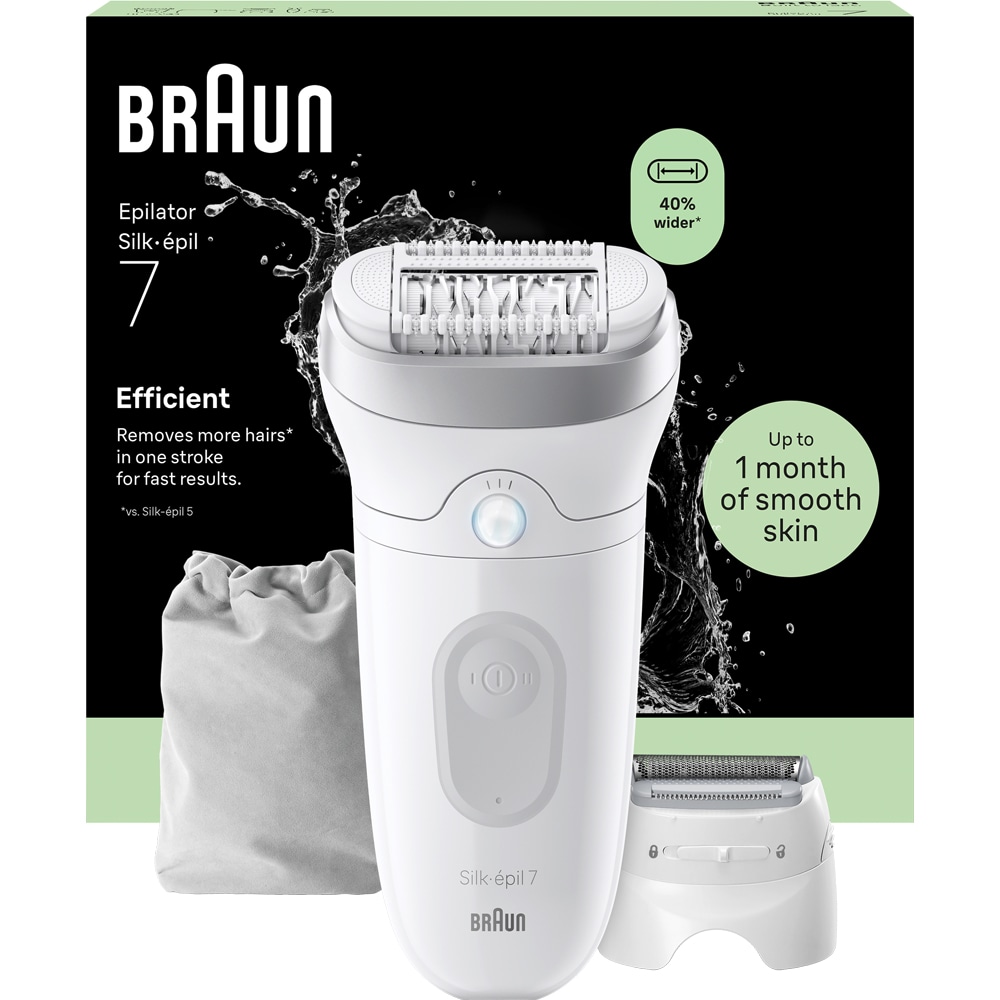 Epilator BRAUN Silk-epil 7 SE7-030, 40 pensete, 2 viteze, 3 accesorii, SmartLight, MicroGrip, Wet&Dry, acumulator, alb-gri