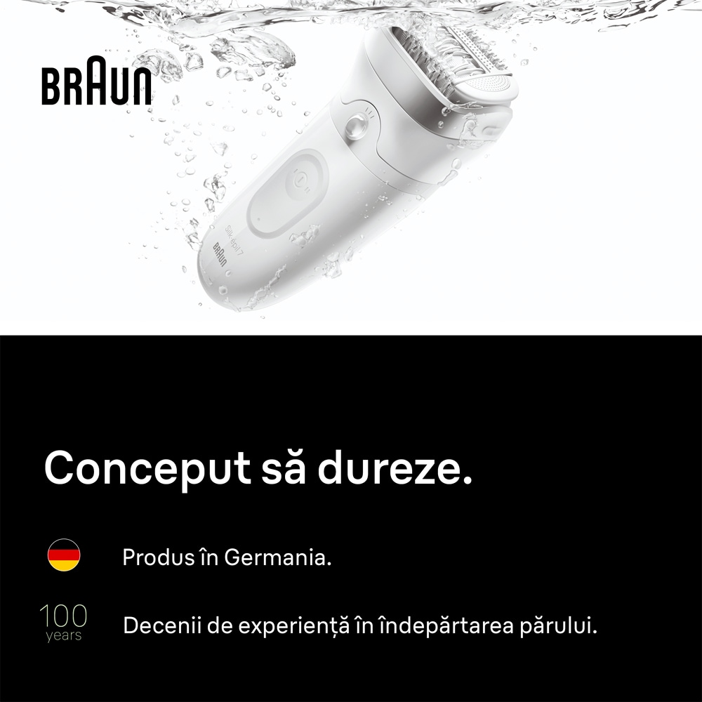 Epilator BRAUN Silk-epil 7 SE7-030, 40 pensete, 2 viteze, 3 accesorii, SmartLight, MicroGrip, Wet&Dry, acumulator, alb-gri