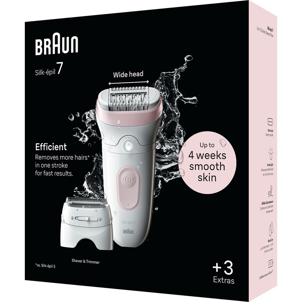 Epilator BRAUN Silk-epil 7 SE7-030, 40 pensete, 2 viteze, 3 accesorii, SmartLight, MicroGrip, Wet&Dry, acumulator, alb-roz flamingo