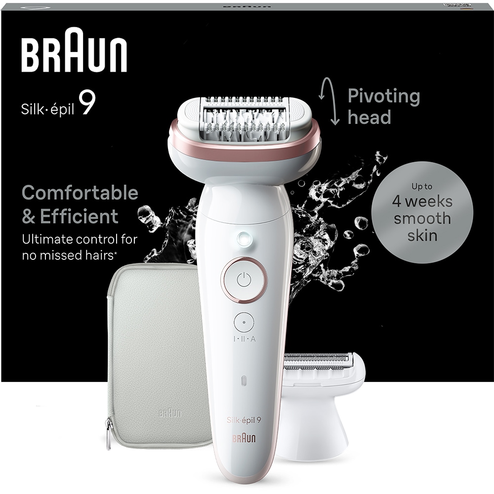 Epilator BRAUN Silk-epil 9 SES9-030, 40 pensete, 2 viteze, 3 accesorii, SmartLight, Smart Touch, MicroGrip, Wet&Dry, acumulator, alb-rose gold