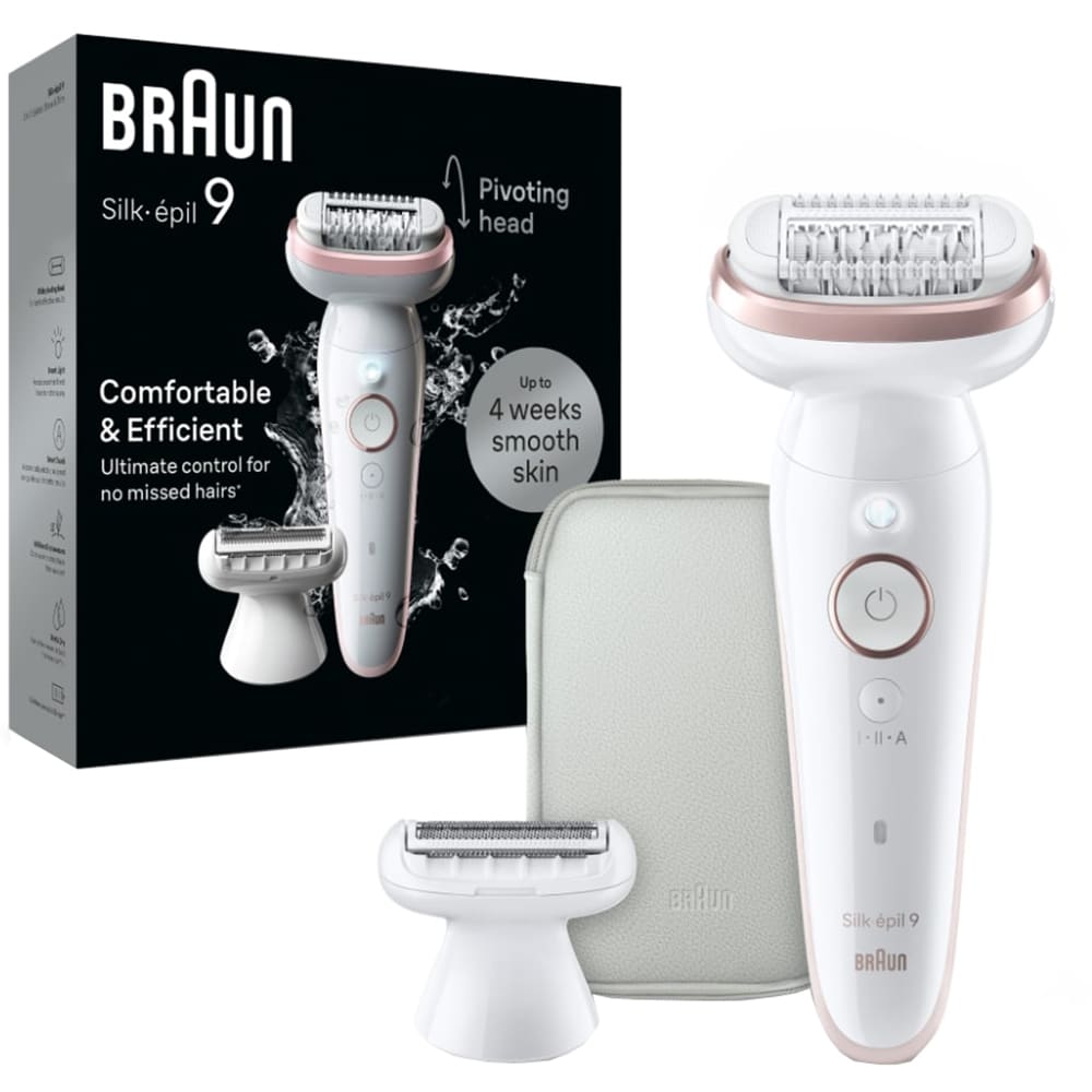 Epilator BRAUN Silk-epil 9 SES9-030, 40 pensete, 2 viteze, 3 accesorii, SmartLight, Smart Touch, MicroGrip, Wet&Dry, acumulator, alb-rose gold