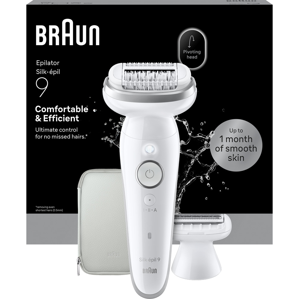 Epilator BRAUN Silk-epil 9 SES9-030, 40 pensete, 2 viteze, 3 accesorii, SmartLight, Smart Touch, MicroGrip, Wet&Dry, acumulator, alb-gri
