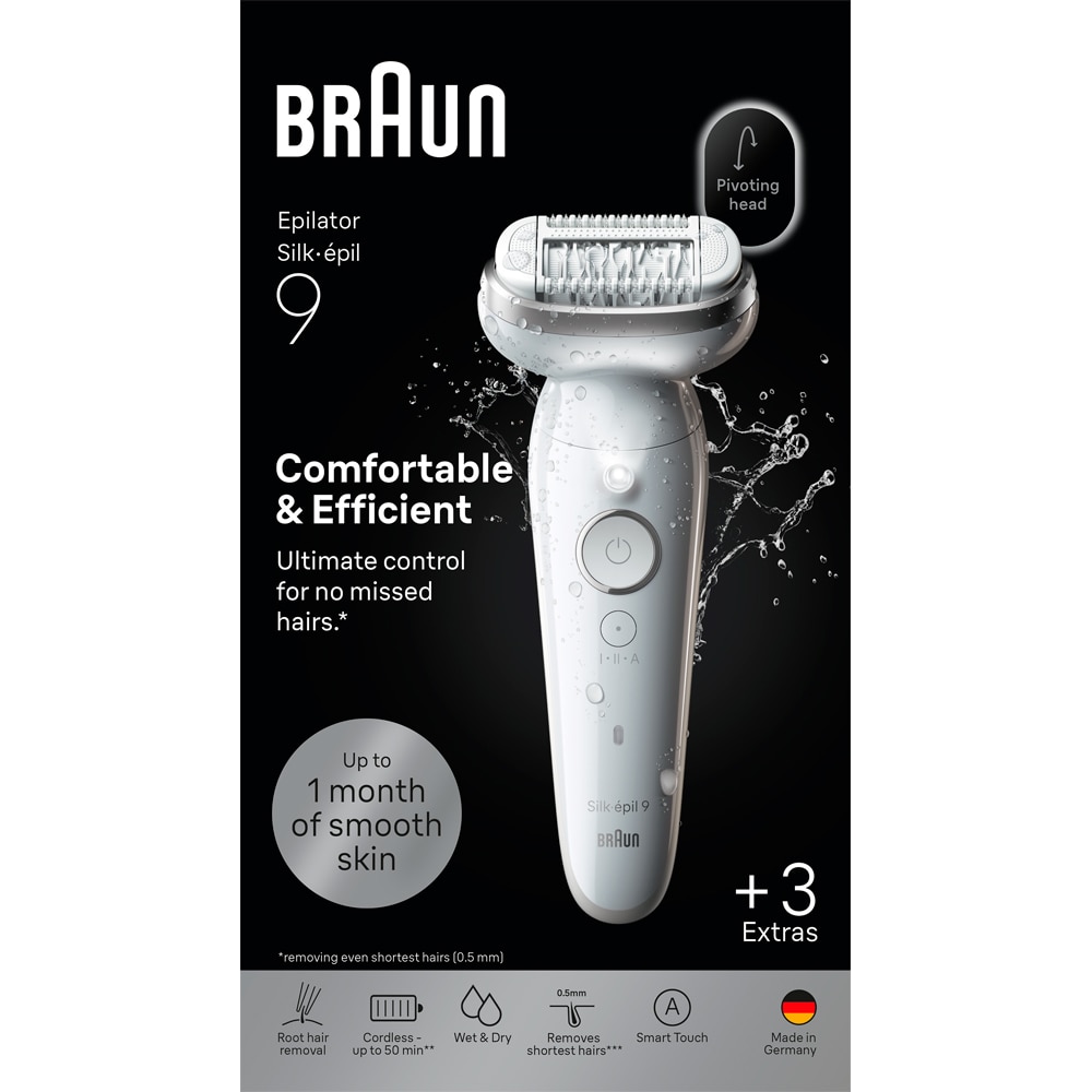 Epilator BRAUN Silk-epil 9 SES9-030, 40 pensete, 2 viteze, 3 accesorii, SmartLight, Smart Touch, MicroGrip, Wet&Dry, acumulator, alb-gri